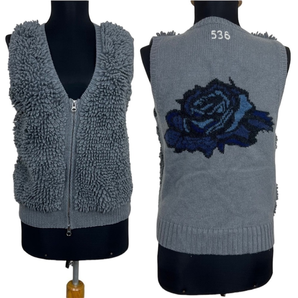 Odd Molly Gray Shag Sweater‎ Vest with Floral Detail